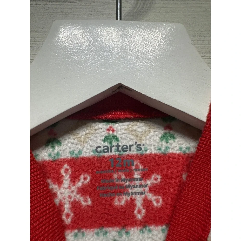Carter's Footed Pajamas Kids 12M Red Fair Isle Holiday Fleece EUC